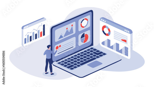 Isometric illustration of a person interacting with data dashboards on a laptop and browser windows