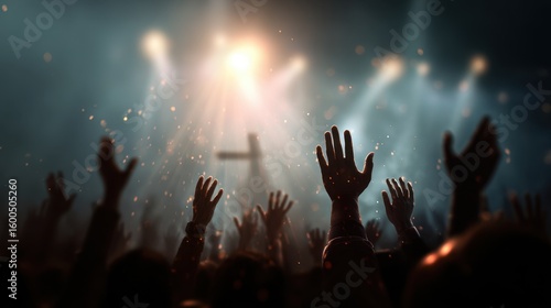 Wallpaper Mural People raise their hands towards a glowing Christian cross during a spiritual service Torontodigital.ca