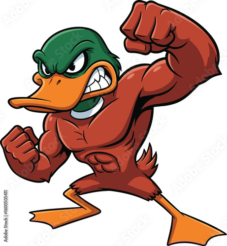 Strong cartoon duck flexing muscles, angry expression, powerful bird character illustration, funny vector animal, mascot design, fitness cartoon image