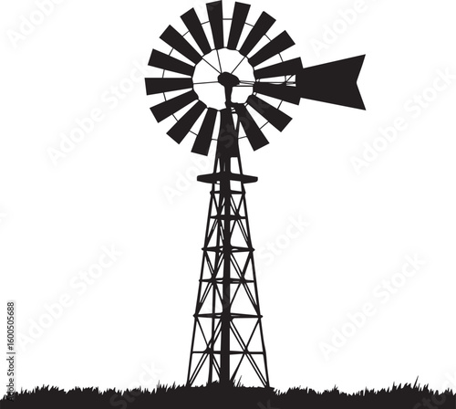 A black silhouette of a vintage windmill standing in a grassy field against a grid background