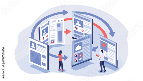 Illustration of people interacting with web pages and a network of arrows connecting them all