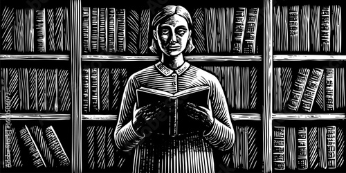 Woman reading book in library study education knowledge literature learning reading study books knowledge wisdom - vector illustration