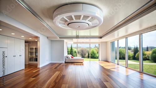 A smoke detector is installed on a ceiling in a modern home with sleek walls and floors made of wood or laminate material