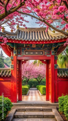 Wallpaper Mural Traditional Chinese red gate entrance with plum blossoms Torontodigital.ca