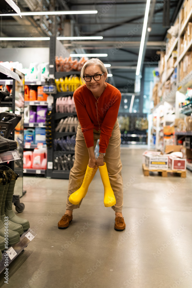 Obraz premium Middle-aged woman enjoys shopping experience in a retail home goods store exploring various product sections