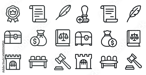 Law and justice outline icons set – legal, court, attorney symbols