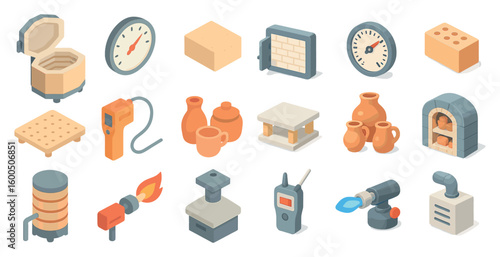 Pottery and craft isometric icons set – ceramic, crafting, kiln and tool symbols