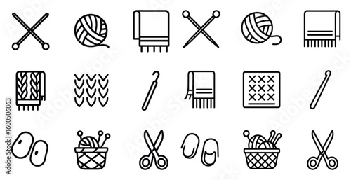Crafting and knitting line icons set – yarn, needles, and sewing tools