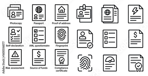 Business documents outline icons set – flat, linear, paperwork and office symbols