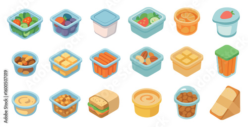 Food and snacks isometric icons set – 3d, containers, meal planning symbols