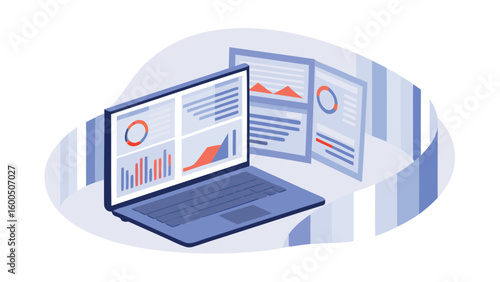 Isometric laptop displaying charts with additional data pages floating around it nicely shown here