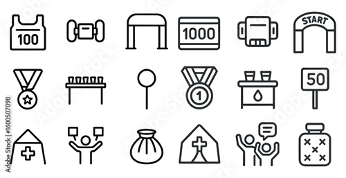 Marathon and running outline icons set – silhouette, fitness, race symbols