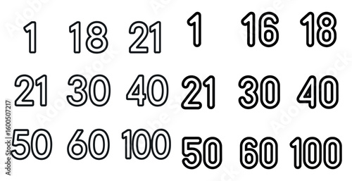 Numbers outline icons set – linear, silhouette, numerical and counting symbols