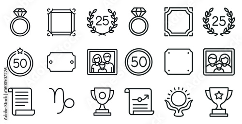 Celebration and anniversary outline icons set – milestone, festive, party symbols