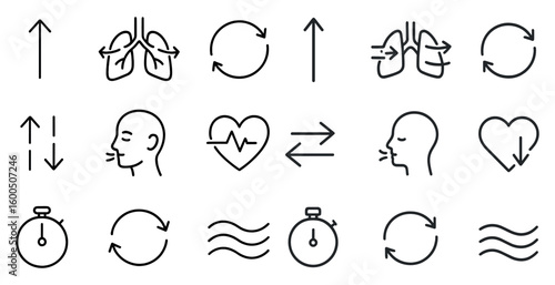 Breathing exercise outline icons set – health, wellness, respiratory symbols