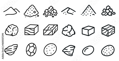 Geology and mineral outline icons set – linear, rock, earth science symbols