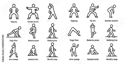 Yoga and meditation outline icons set – line, silhouette, wellness symbols