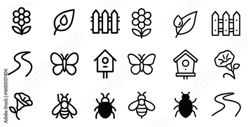 Nature and garden outline icons set – floral, insect, botanical symbols and tools