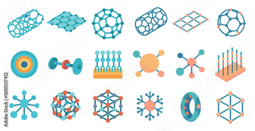 Nanotechnology 3d icons set – molecular, scientific, and biotech symbols