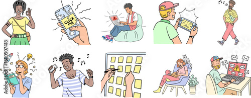 Diverse people engaging with technology mobile devices laptops reading writing planning communicating and relaxing together - vector illustration