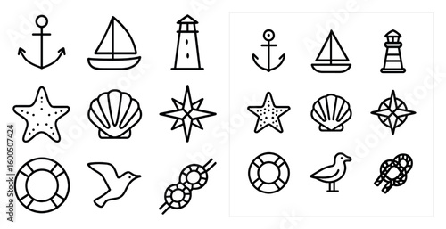Nautical and marine line icons set – outline, sailing, sea voyage elements