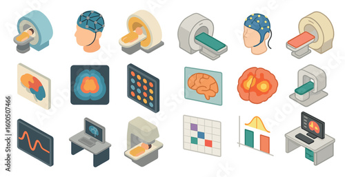 Medical mri and brain isometric icons set – neuroscience, diagnostics, health