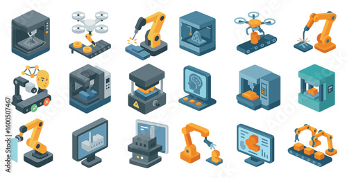 3d robotics icons set – isometric, automation and tech industry symbols