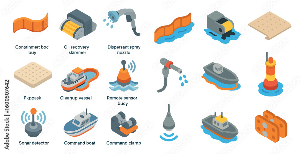 Naklejka premium Marine equipment isometric icons set – 3d, flat, ocean and underwater tools