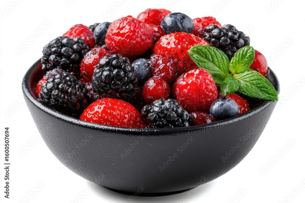 Mixed Berries in Dark Bowl on White Background Mixed Berries in Dark Bowl on White Background
