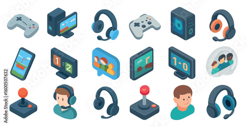 Gamer equipment icons set – isometric, joystick, headphones and console designs
