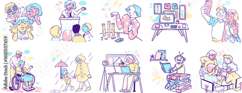Diverse people and activities illustration showing community engagement teamwork and lifestyle moments in various scenes - vector illustration