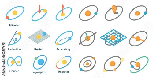 Astronomy and space icons set – flat, outline, planetary and orbital designs