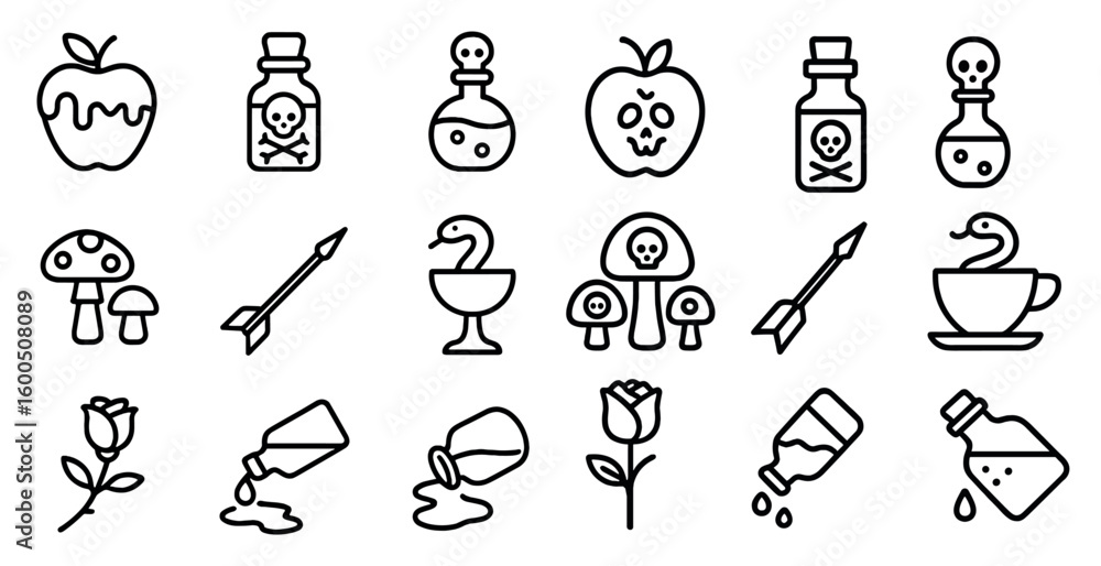 Fototapeta premium Food and poison outline icons set – linear, flat, toxic and contamination symbols