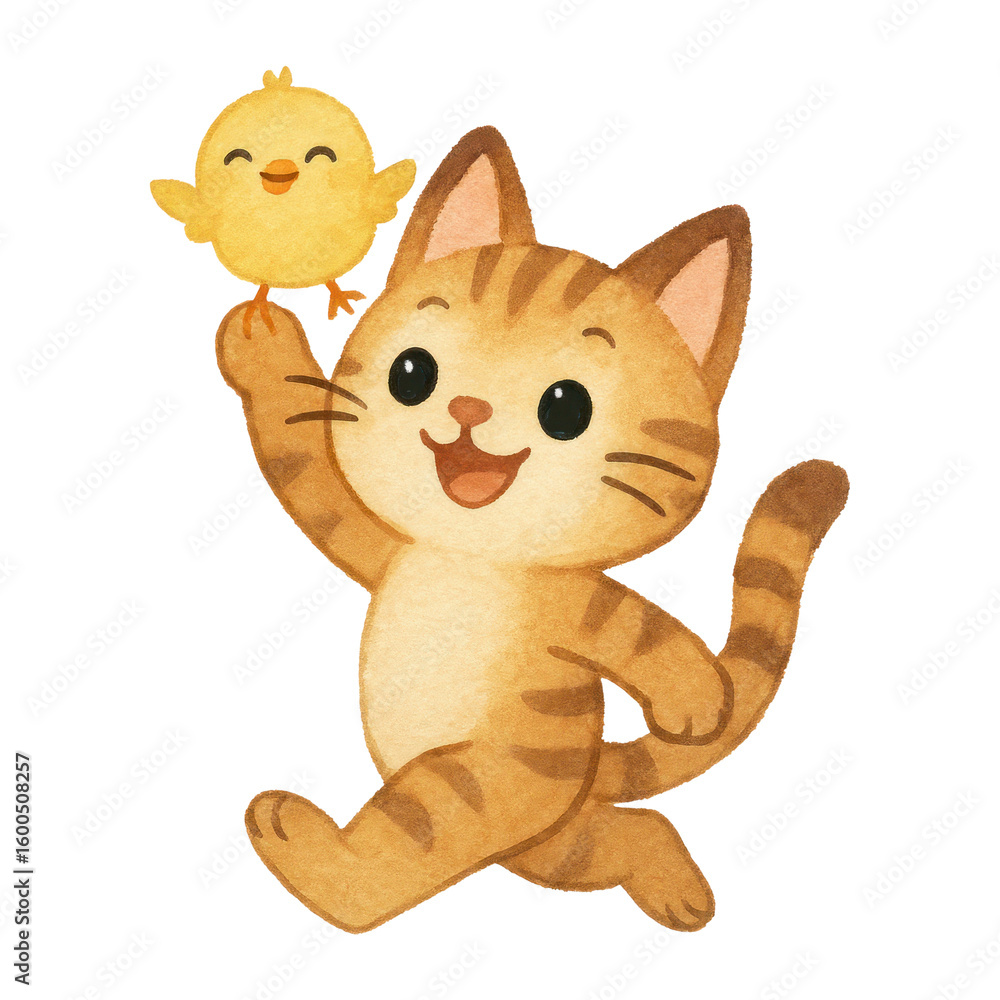 Obraz premium PNG Cute cat and chick illustration.