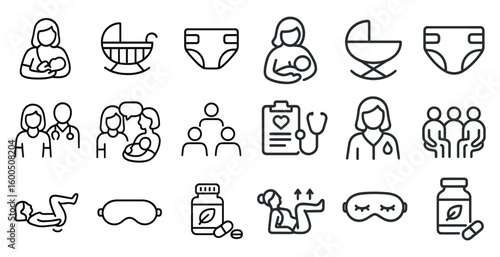 Parenting and baby care outline icons set – linear, minimalist, newborn essentials