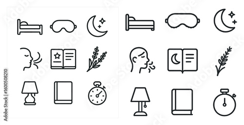 Sleep and relaxation line icons set – outline, bedtime, soothing symbols