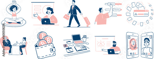 Business lifestyle work from home digital nomad remote work meeting cryptocurrency video call yoga illustration - vector illustration