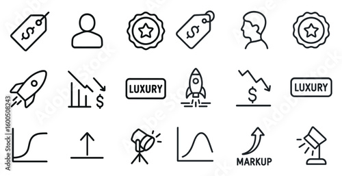 Finance and marketing line icons set – flat, vector business and analytics symbols