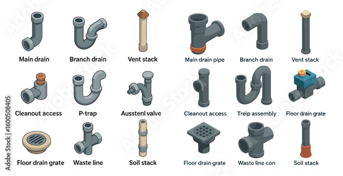 Plumbing and drainage icons set – 3d, isometric, pipeline and sewer components