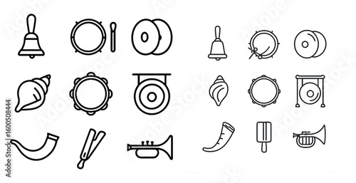 Musical instrument outline icons set – line, silhouette, music symbols