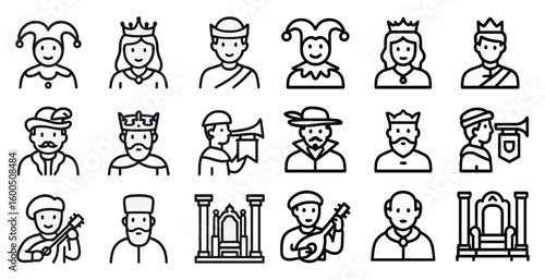Medieval royalty line icons set – outline, linear, nobility and monarchy symbols