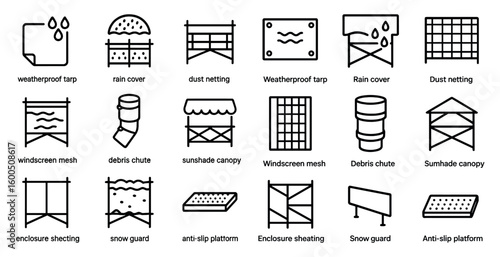 Weather protection outline icons set – flat, filled, cover and safety symbols