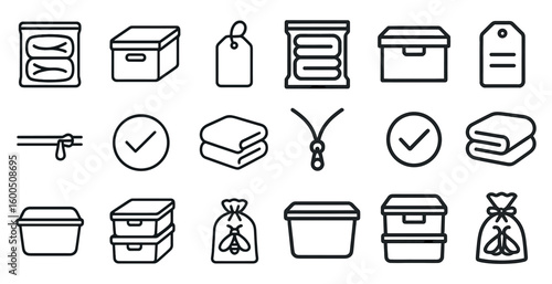 Storage and organization icons set – line, outline, packing and container symbols