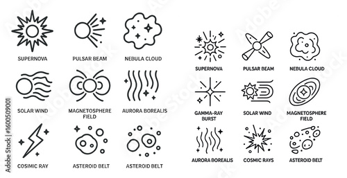 Space and astronomy icons set – outline, linear, celestial and cosmic symbols