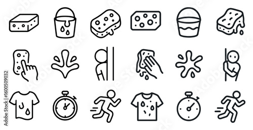 Cleaning and hygiene outline icons set – line, linear, sanitation and washing symbols