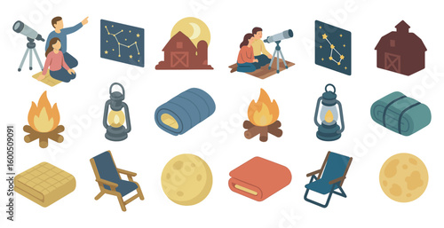 Camping and night sky icons set – isometric, adventure, outdoor exploration symbols