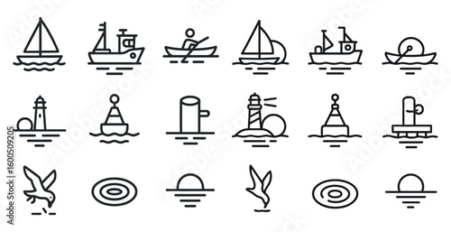 Nautical and maritime line icons set – silhouette, outline, sailing and marine symbols