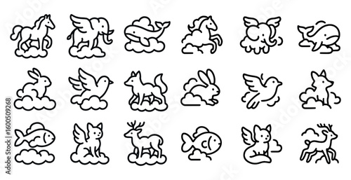 Animal dreams outline icons set – linear, line, fantasy and wildlife symbols