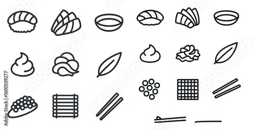 Sushi and asian cuisine icons set – outline, linear, culinary symbols and utensils