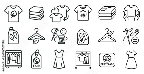 Sustainable fashion outline icons set – linear, eco-friendly, clothing symbols